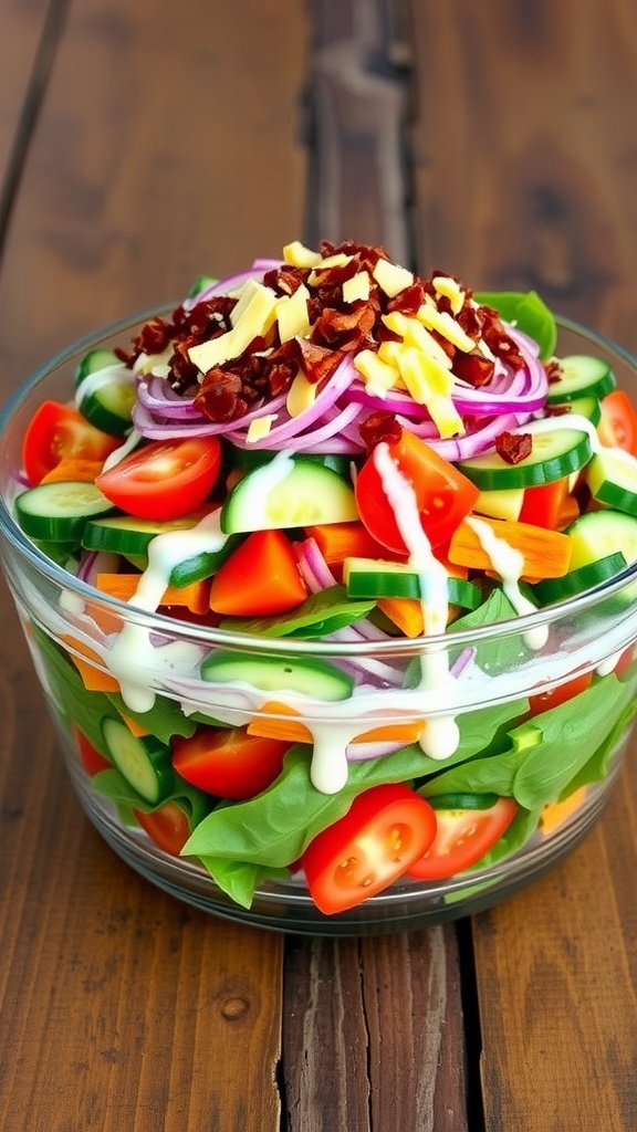 A colorful and fresh 7 layer spinach salad in a glass bowl, featuring different vegetables and a creamy dressing.